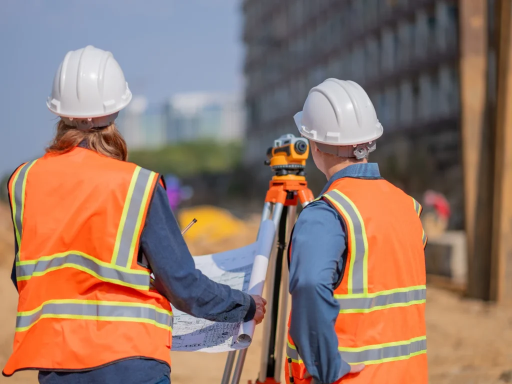 Bauingenieure bei der Vermessung und Planung auf einer Baustelle im Ingenieurbau